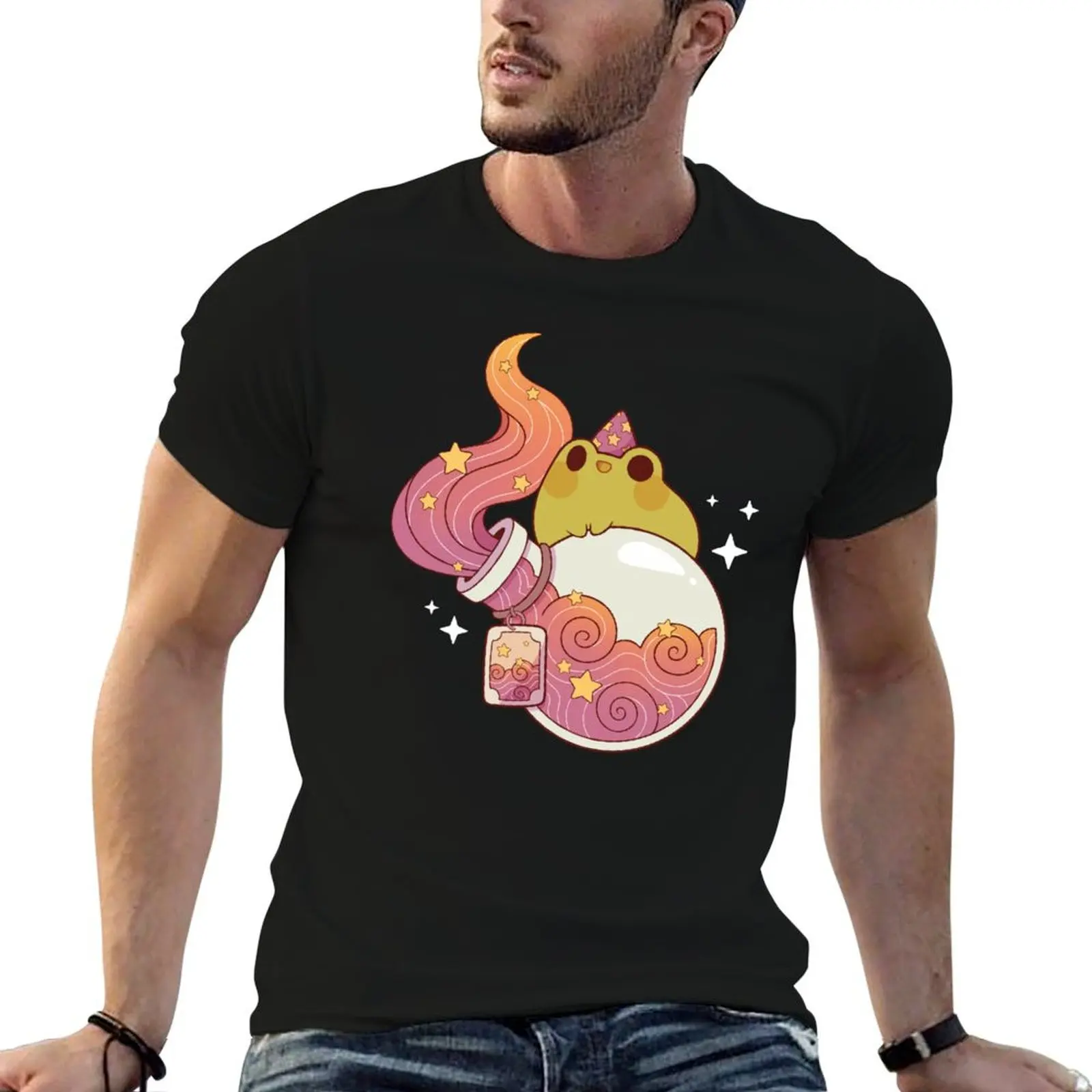 Camiseta Dreamy Fire Potion con diseño de rana maga, camisetas con estampado personalizado para hombre, camisetas gráficas para hombre, camiseta ajustada