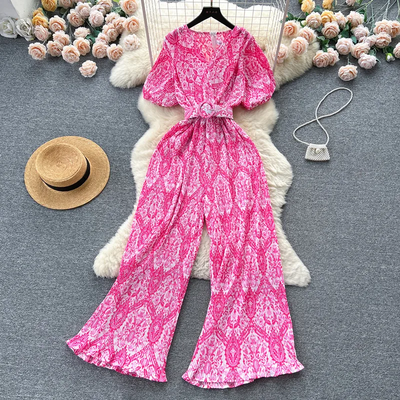 Seaside vacation style floral chiffon jumpsuit  women with high waist slim casual loose fitting wide leg straight leg pants