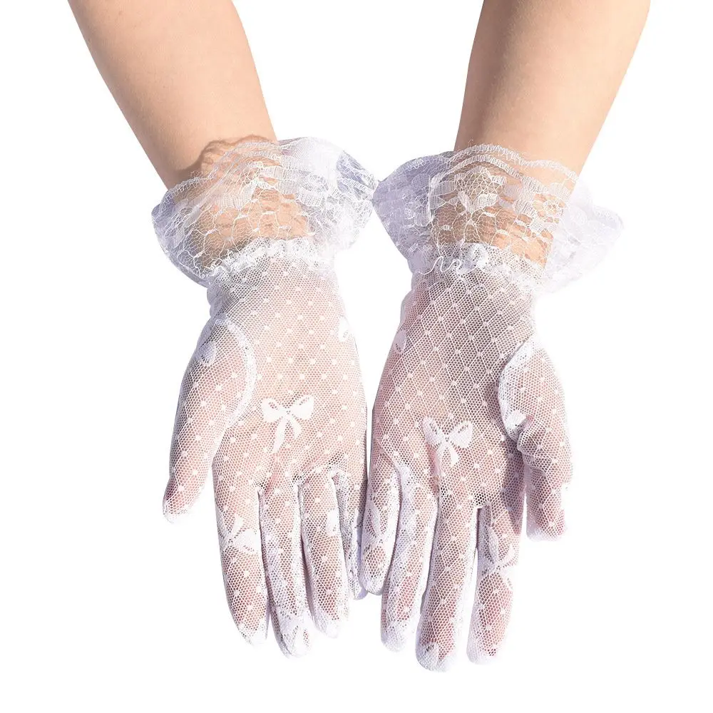 Full Finger Bow Mesh Bride Gloves Sexy Dress Party Summer Sunscreen Mittens Lace Glove