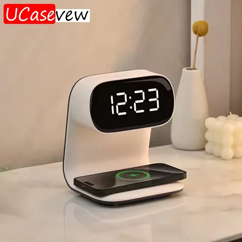 3 in 1 Multi-functional LED Warm Light Night Alarm Clock Support Mobile Phone Wireless Charging For iPhone Samsung Xiaomi Huawei