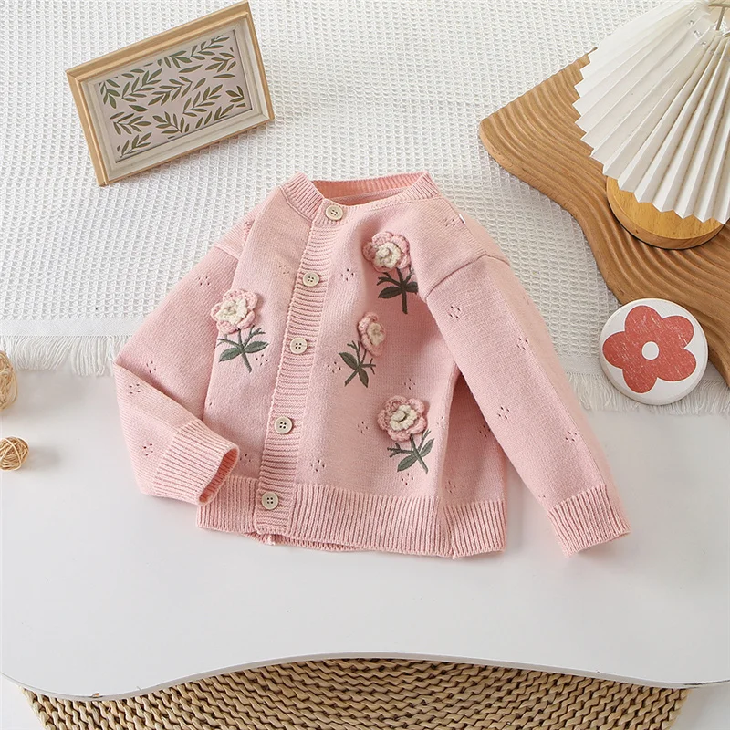 2026 Baby Girls Knit Sweater Autumn Embroidered Flower Cardigan Children Clothing Winter Fashion Princess knitwear Coats 2-6Year