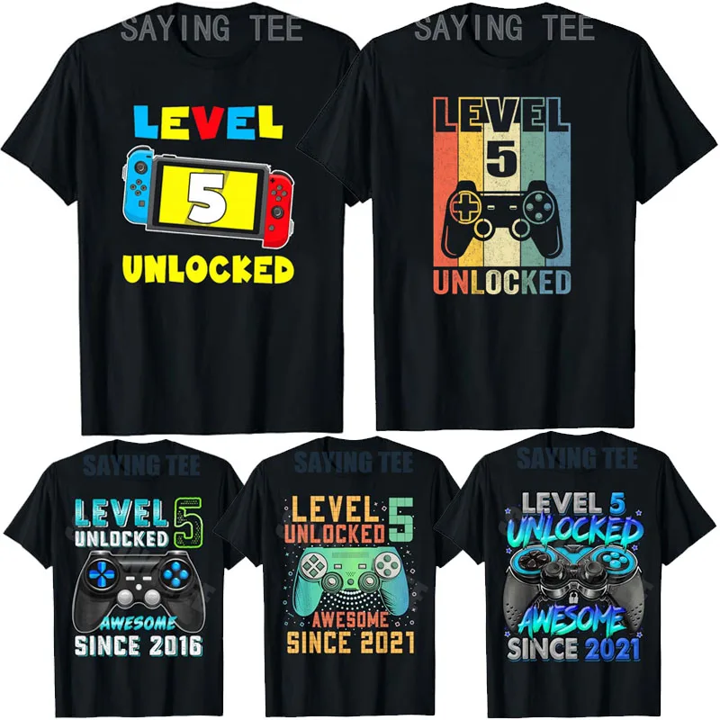 Level 5 Unlocked 5th Birthday Shirt Video Game 5 Year Old T-Shirt Awesome Since 2016 Boys Fashion Gamer Clothes Novelty Tee Gift