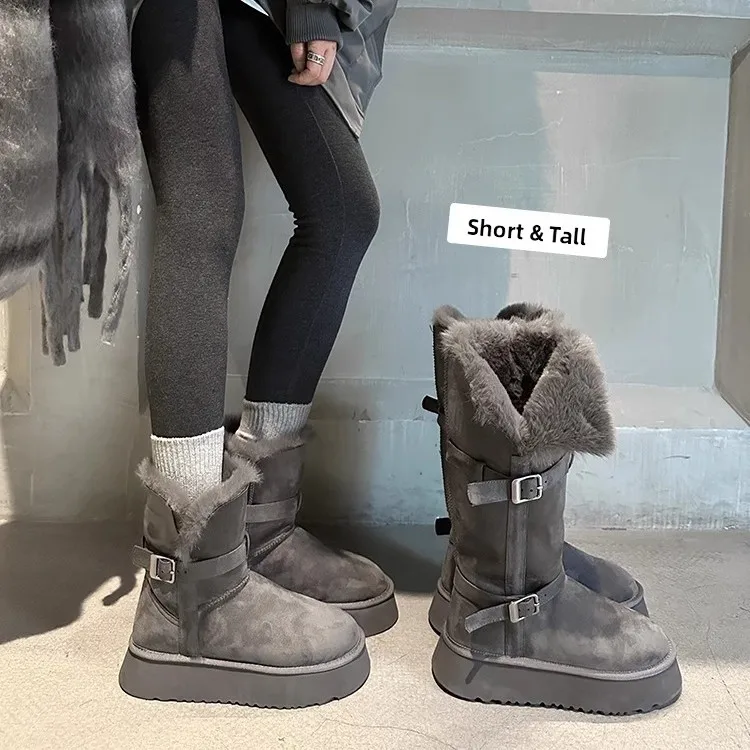 

Новые женские зимние сапоги с серой меховой подкладкой, на толстой подошве, с подогревом, высокие, теплые, из кожи и меха
