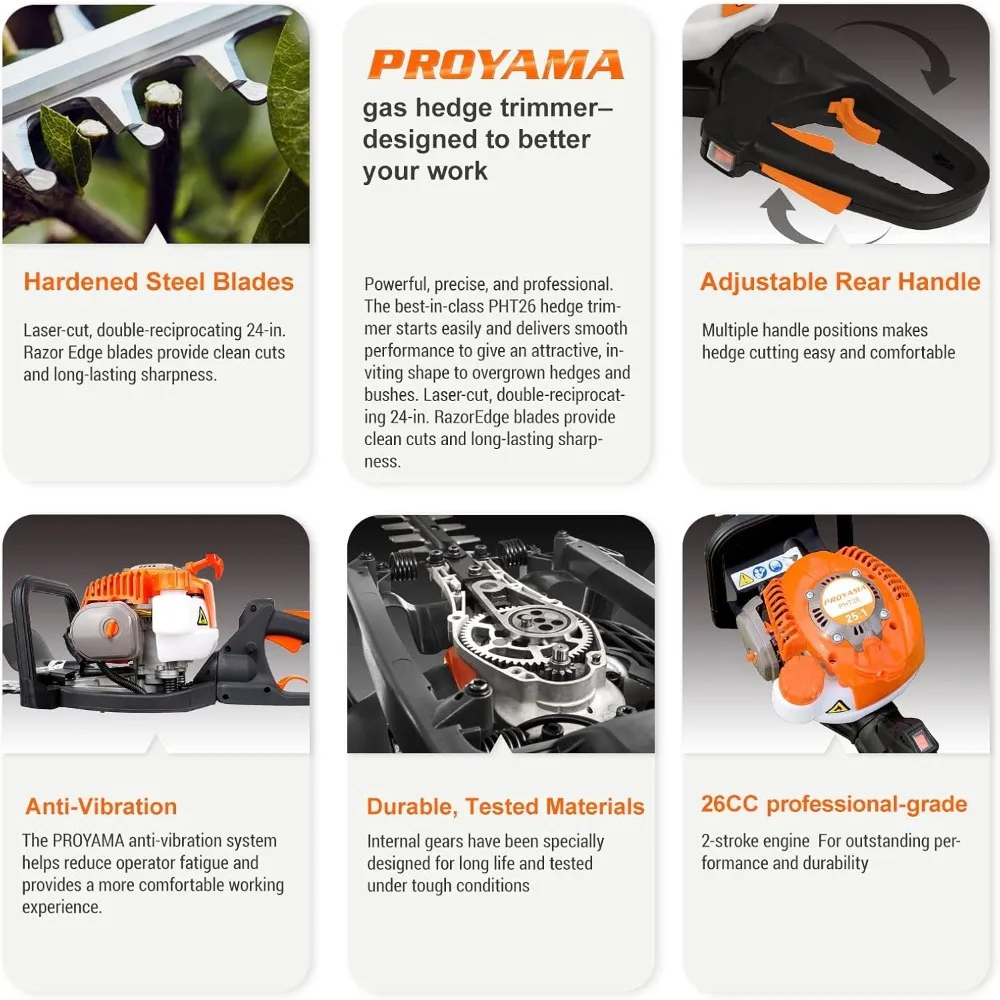 24인치 26cc 2행정 가솔린 이중 톱니형 회전 핸들 헤지 트리머 (2년 보증, 경량, 피로감 줄임)
