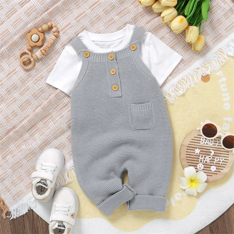 

0-18M Baby Chest Pocket Button Jumpsuit Button Sleeveless Square Collar Ribbed Knit Sweater Camisole Jumpsuit