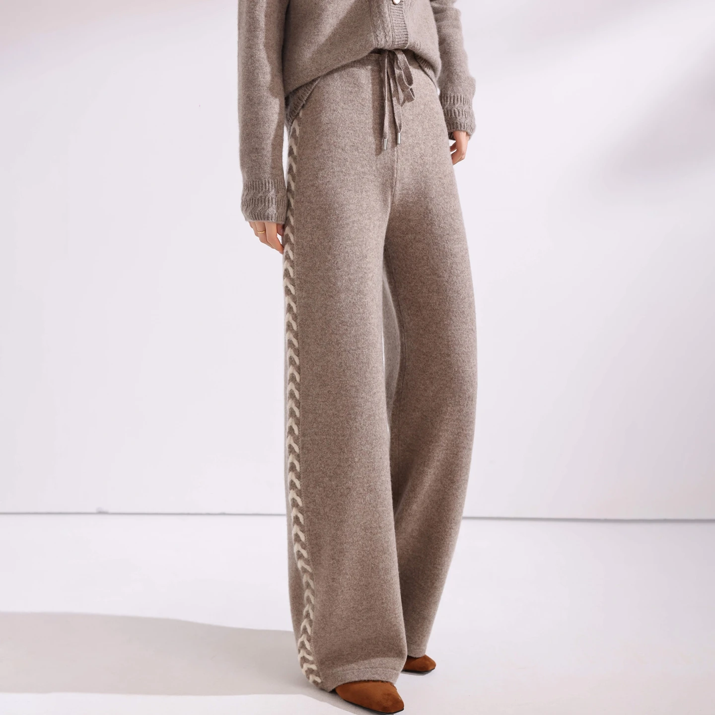 Autumn/Winter 100% Merino Wool Pants Women's Fashion Color blocked Diamond Block Knitted Pants Fashion Cashmere Wide Leg Pants