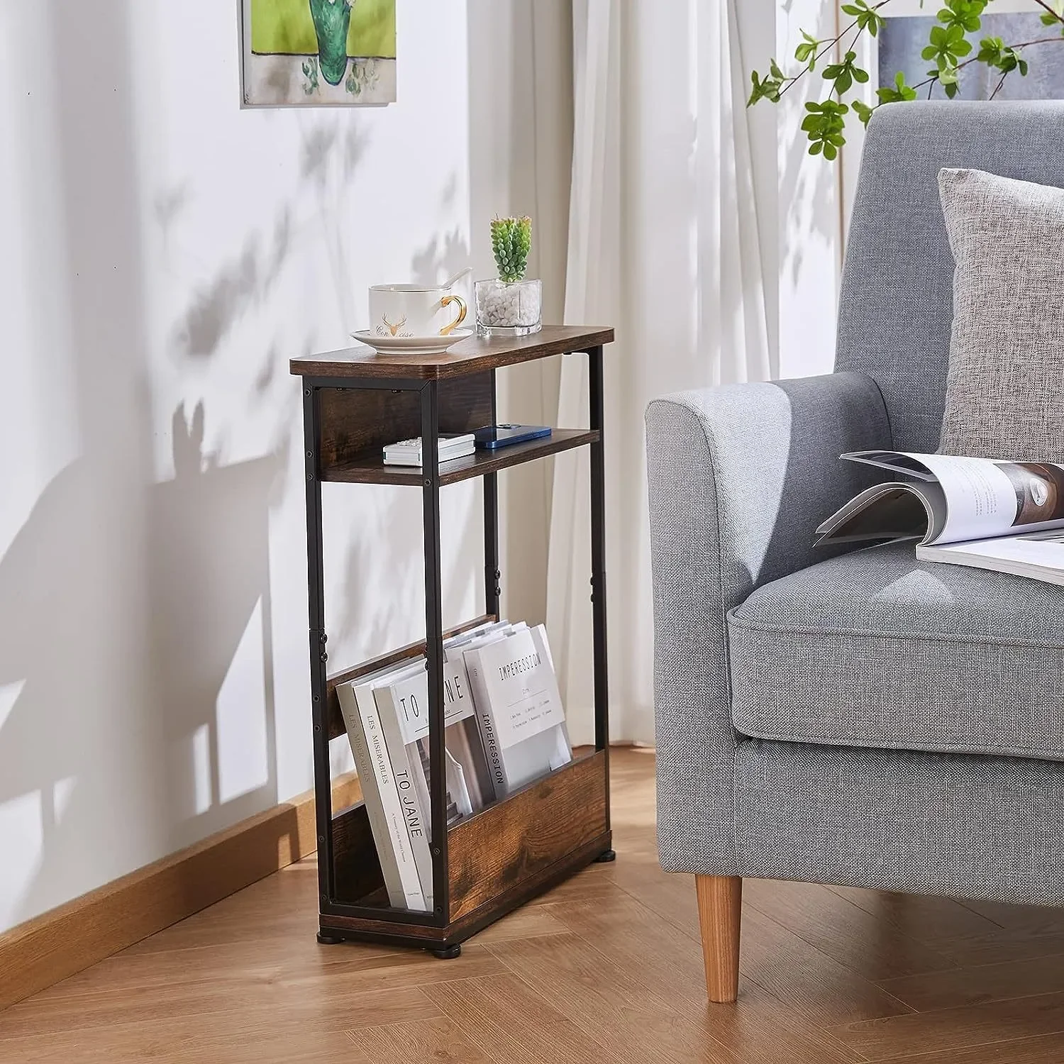 

-Side Table Storage Cabinet Sofa Table With Storage Shelf For Narrow Spaces