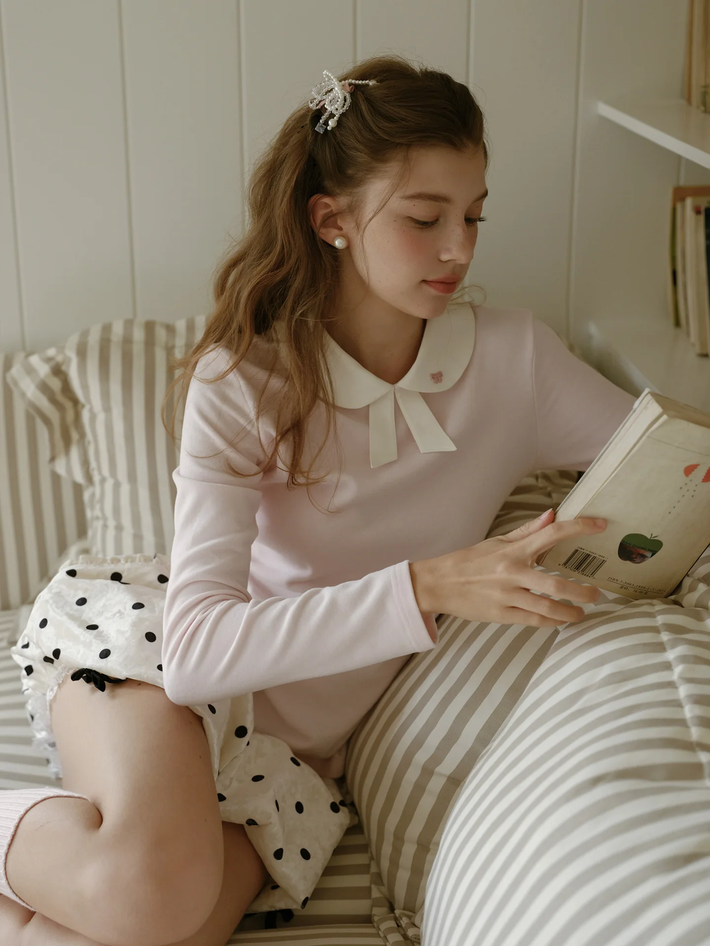 Pink Long Sleeve Base Shirt Inner Wear Doll Collar Slimming Top for Women Commute Style Comfortable Cotton Blend T-Shirt
