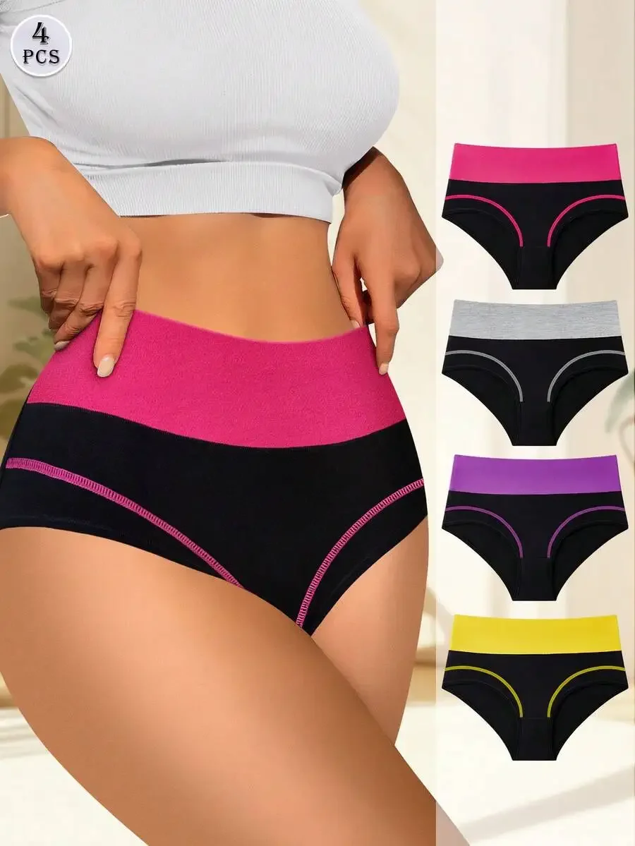 

4 Pcs Women Cotton High Waist Comfortable Contrast Color Briefs