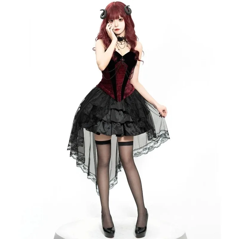 Adult Women Gothic Victorian Cosplay Costume Women Black Burgundy Lace Tiered Skirt Devil Witch Halloween Theme Party Outfit - view 5