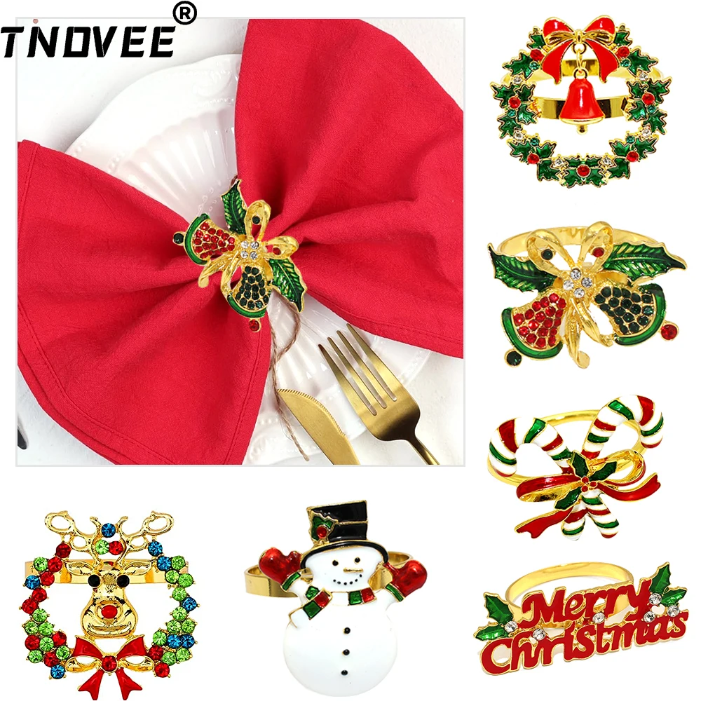 6Pcs Christmas Napkin Ring Set Rhinestone Jingle Bell Candy Cane Snowman Wreath Napkin Holders for Xmas Wedding Party Table Deco