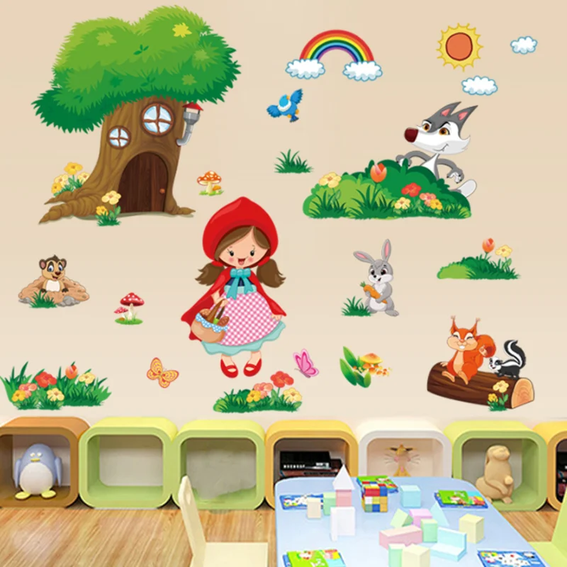 Cartoon Little Red Riding Hood Stickers DIY Scrapbook Window Glass Wall Sticker Bedroom Decora Sticker Self-adhesive Wallpaper