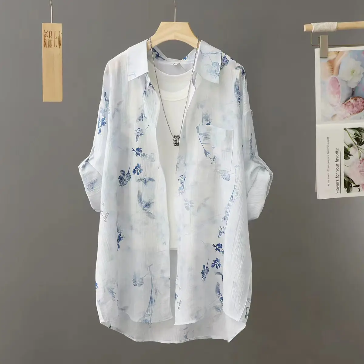 Iron-Free Summer Shirt Women's Printed Casual Loose Fit Polyester Fiber Seven-Quarter Sleeveless Coat Style Non-Wrinkle