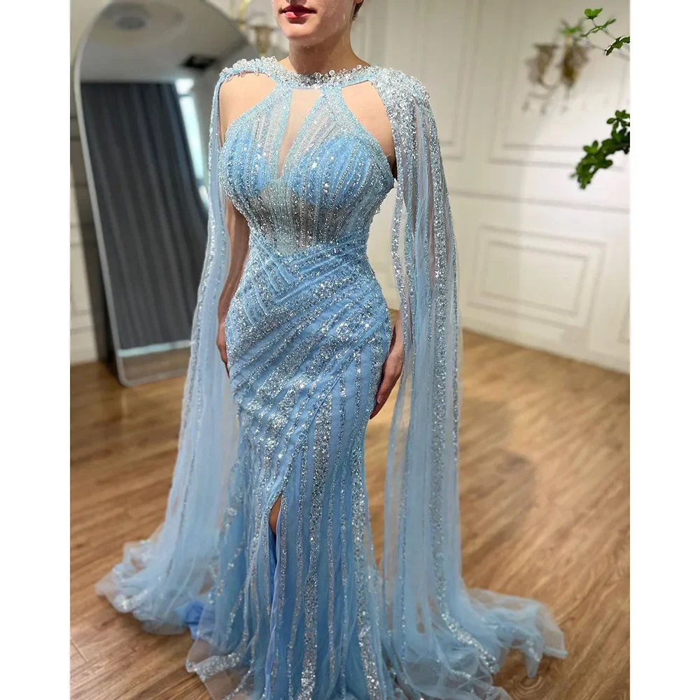 Serene Hill Blue Cape Sleeves Mermaid Beaded Evening Dresses Split Open Party Gowns For Women 2025 DLA72085 Customized