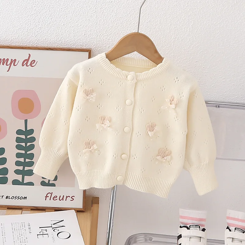 Spring Autumn New Children\'s Versatile Knitted Coat for Girl Baby Warm Cardigan Cute Rabbit Bow-tie School Outer Sweater HY07251