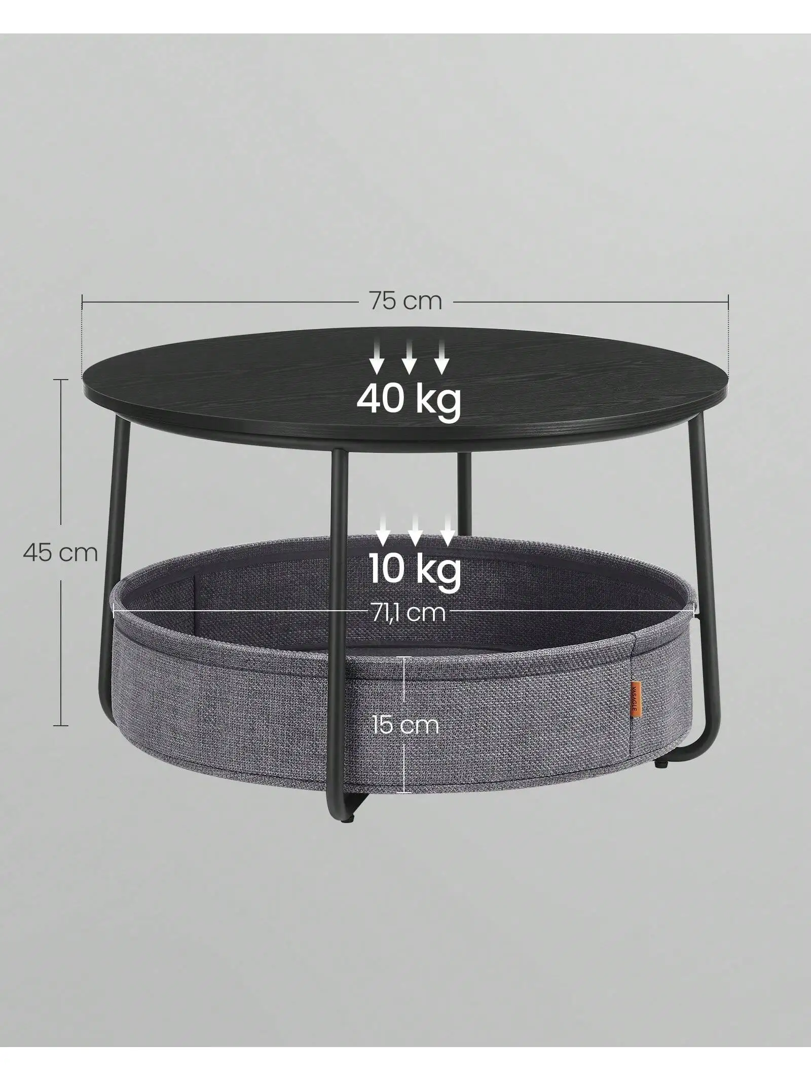 Tavolino rotondo VASAGLE: cestino in tessuto, spazioso, soggiorno/camera da letto, comodino, stile moderno, ebano nero/grigio ardesia