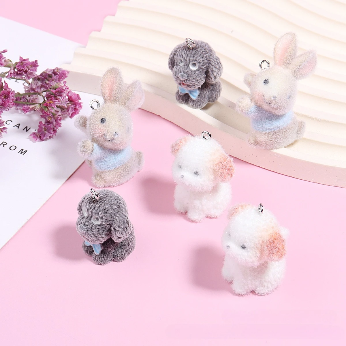 20Pcs 3D Resin Flocking Puppy Rabbit Charms Cartoon Animal Pendant for Earrings Necklace Keychain Making DIY Jewelry Accessories