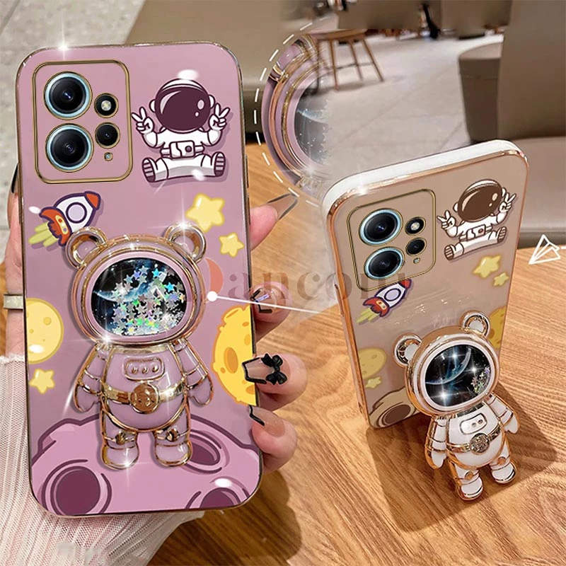 Cheering astronauts Plating Phone Holder Case For Xiaomi Redmi Note 12 12S 12Pro Plus 12Turbo 12R 11S 11Pro Plus 11 11 Pro Cover