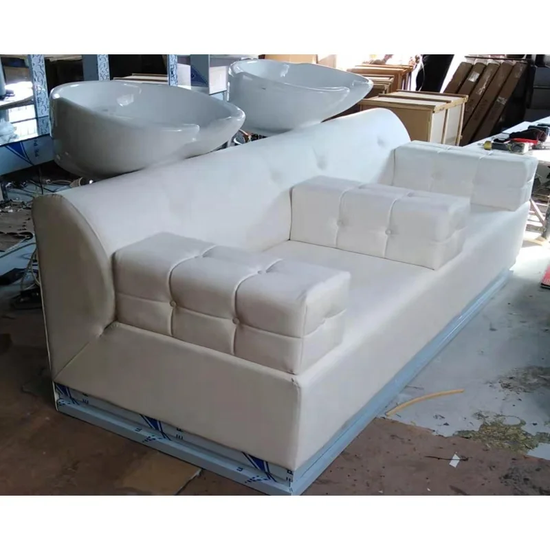 Modern White Tufted Double Shampoo Bed Barbershop Salon Hairdresser Washing Hair Washing Chair Basin