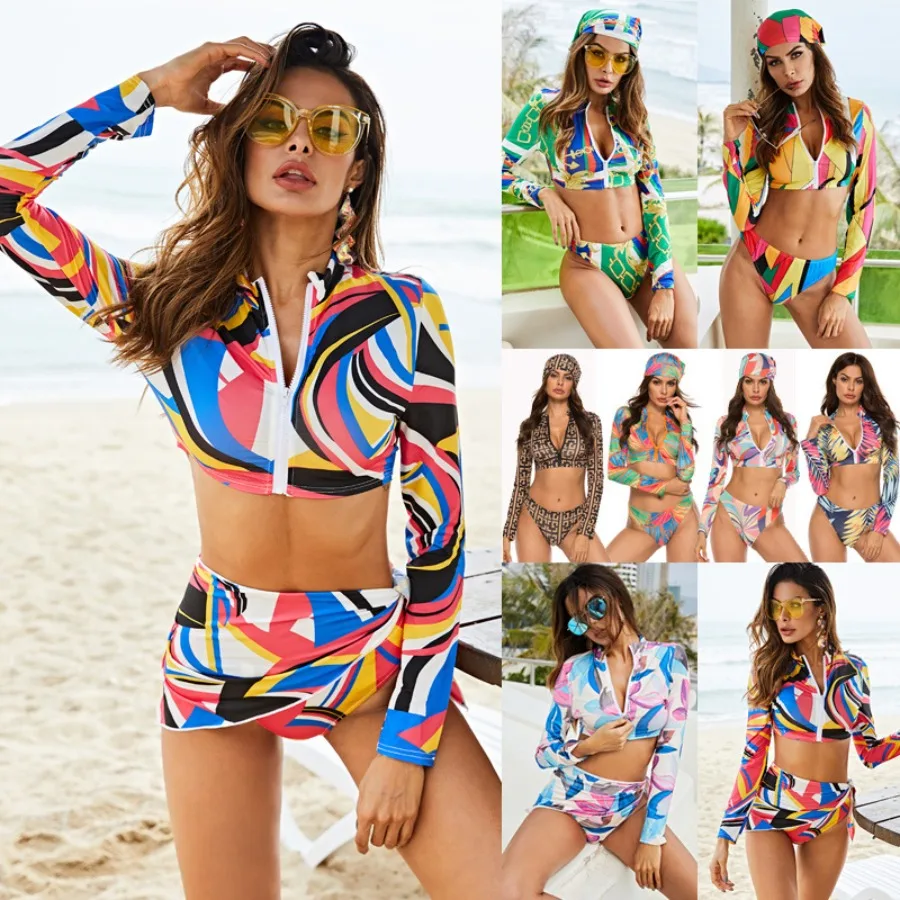 HOTOutdoor sports hot spring printed bikini women's split swimsuit long-sleeved zipper surfing swimsuit sexy three-piece set
