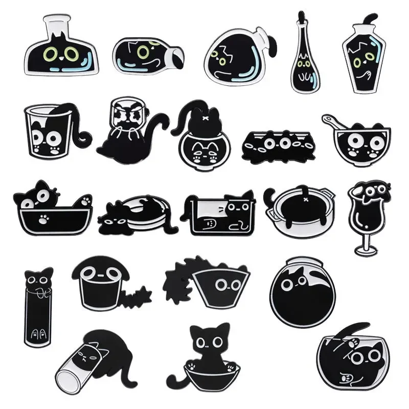 Broche Creative Cartoon Black Cat Anime Brooch Combination Cute Bottle Small Black Cat Series Set Metal Badge Pins for Backpacks