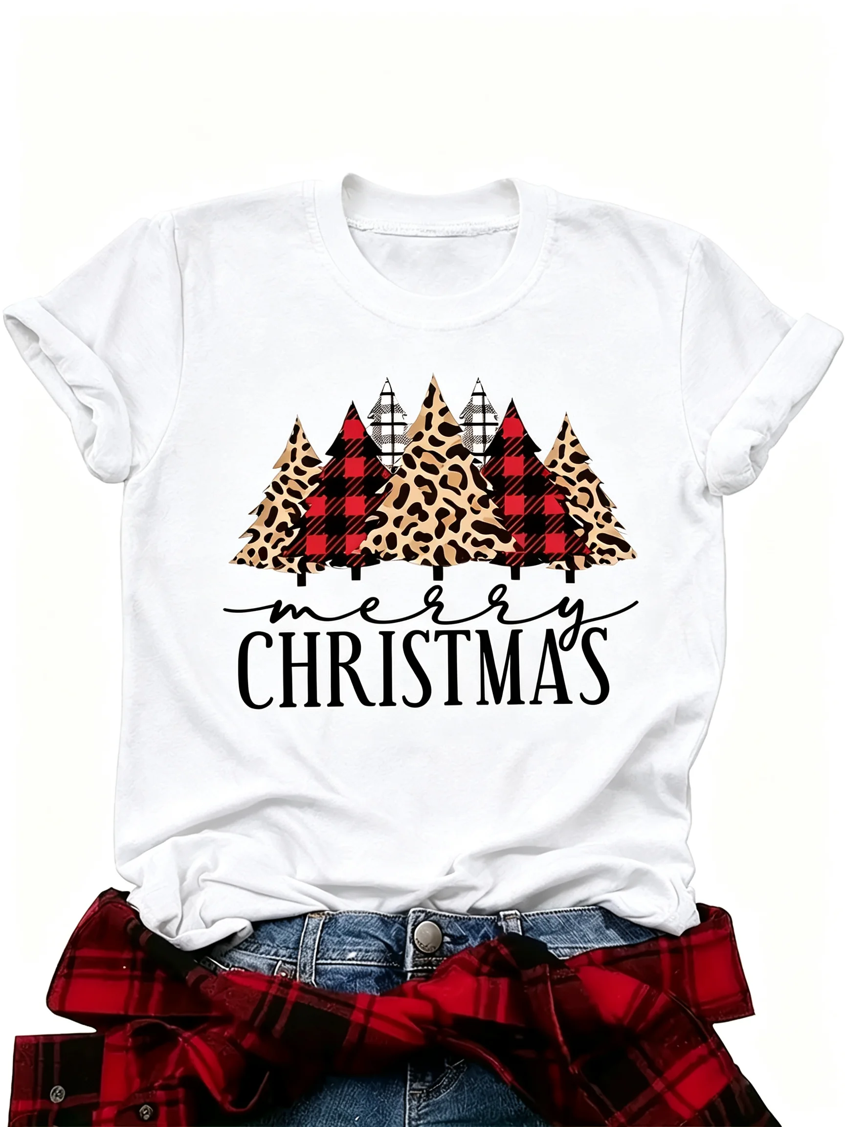 Christmas T Shirt Leopard Buffalo Plaid Christmas Tree Letter Print Casual Short Sleeve Women Xmas Celebration Daily Trendy Top