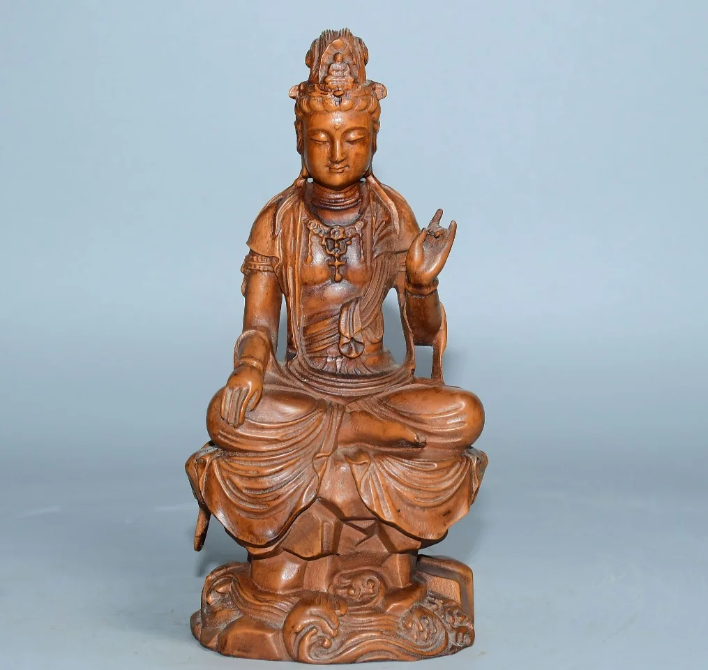 6”Tibetan Temple Collection Old Boxwood Guanyin Bodhisattva Avalokitesvara Buddha Standing Buddha Worship Hall