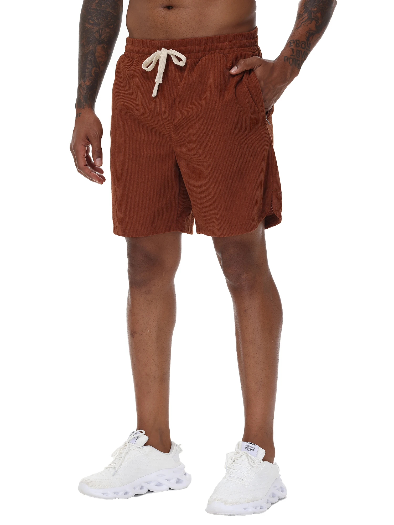 Men\'s casual athletic shorts solid color corduroy drawstring zippered pocket short Pants