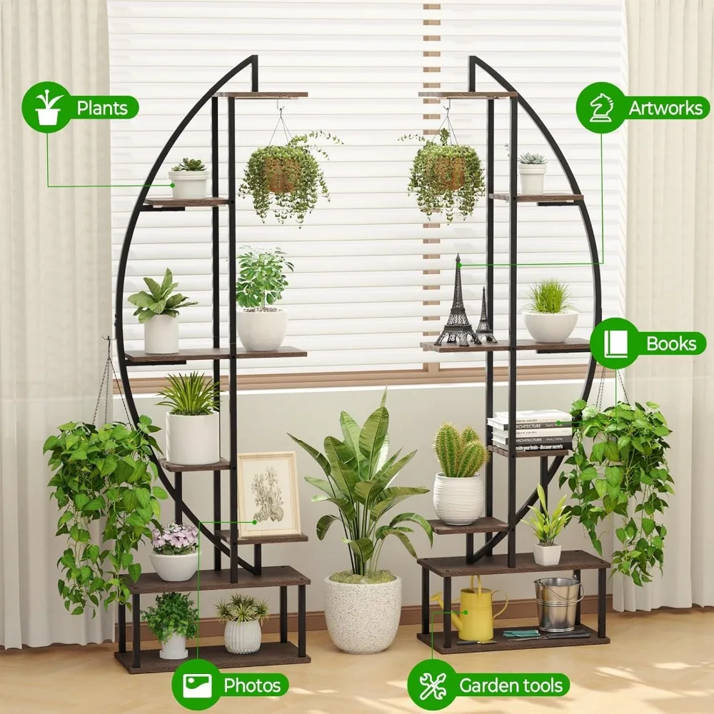 Indoor Plant Rack with Hooks, Plant Rack with Growth Lights, 2 Half Moon Shaped Plant Racks, 65 in