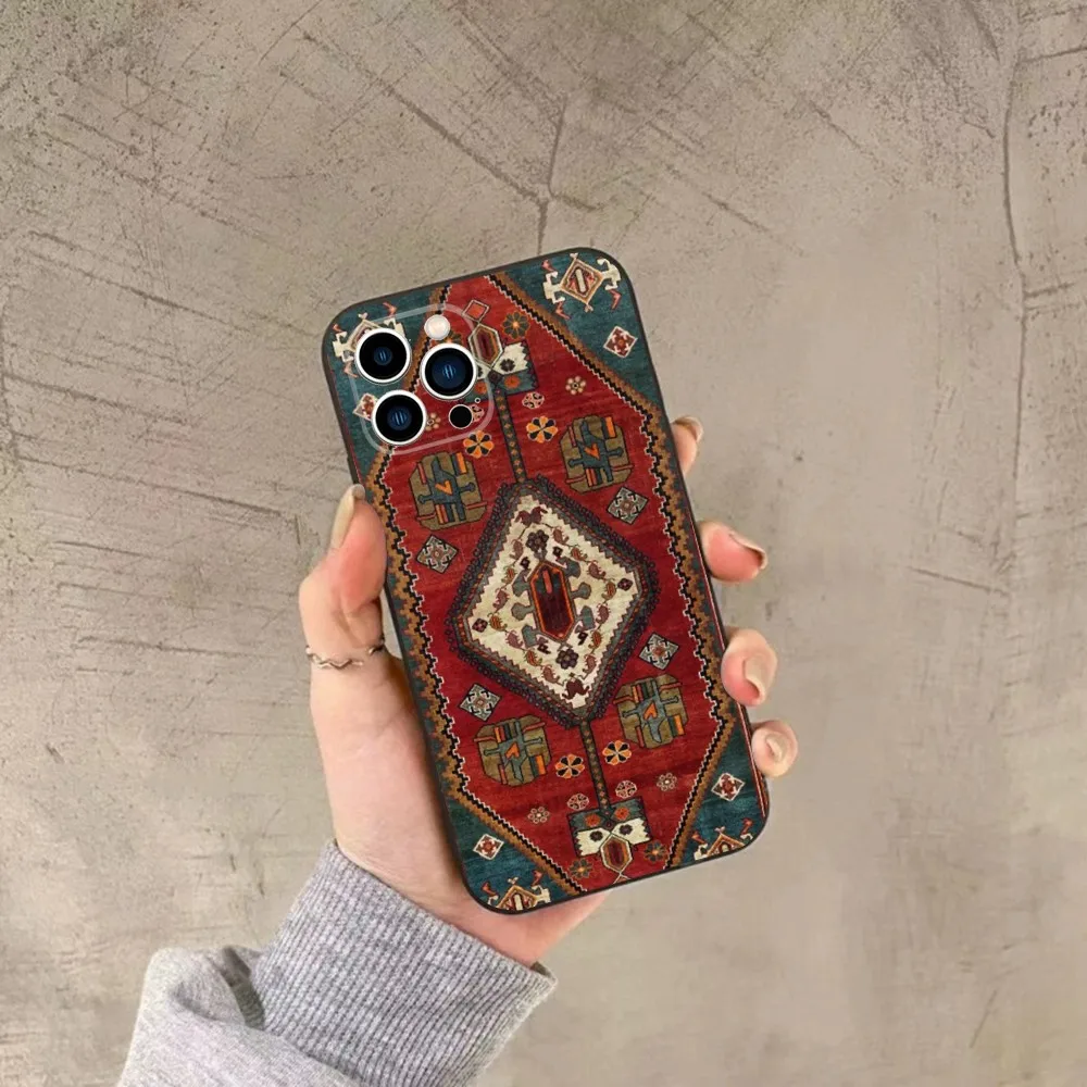 Persian Carpet Floral Pattern Phone Case For iPhone 16,15,14,13,12,11,Plus,Pro Max,XS,X,XR,SE,Mini,8,7 Soft Silicone Black Cover