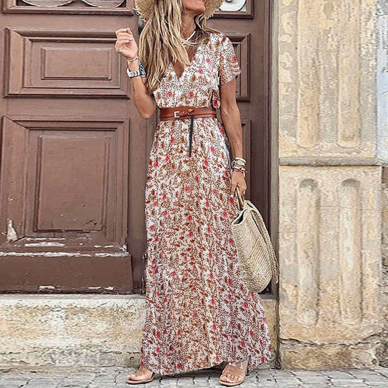 Women's 2023 Floral Summer Dress Wrap V Neck Short Sleeve Belted Ruffle Hem Bohemian Maxi Sun Dresses with Belt A Black