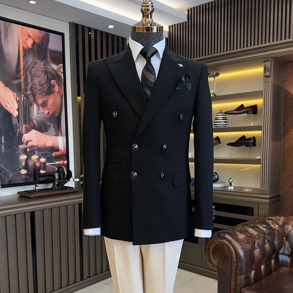 Men's Black Double Breasted Suits and Separates Peak Lapel Formal Jacket+Pants 2 Pieces Set Groom Tuxedos Prom Costume Homme