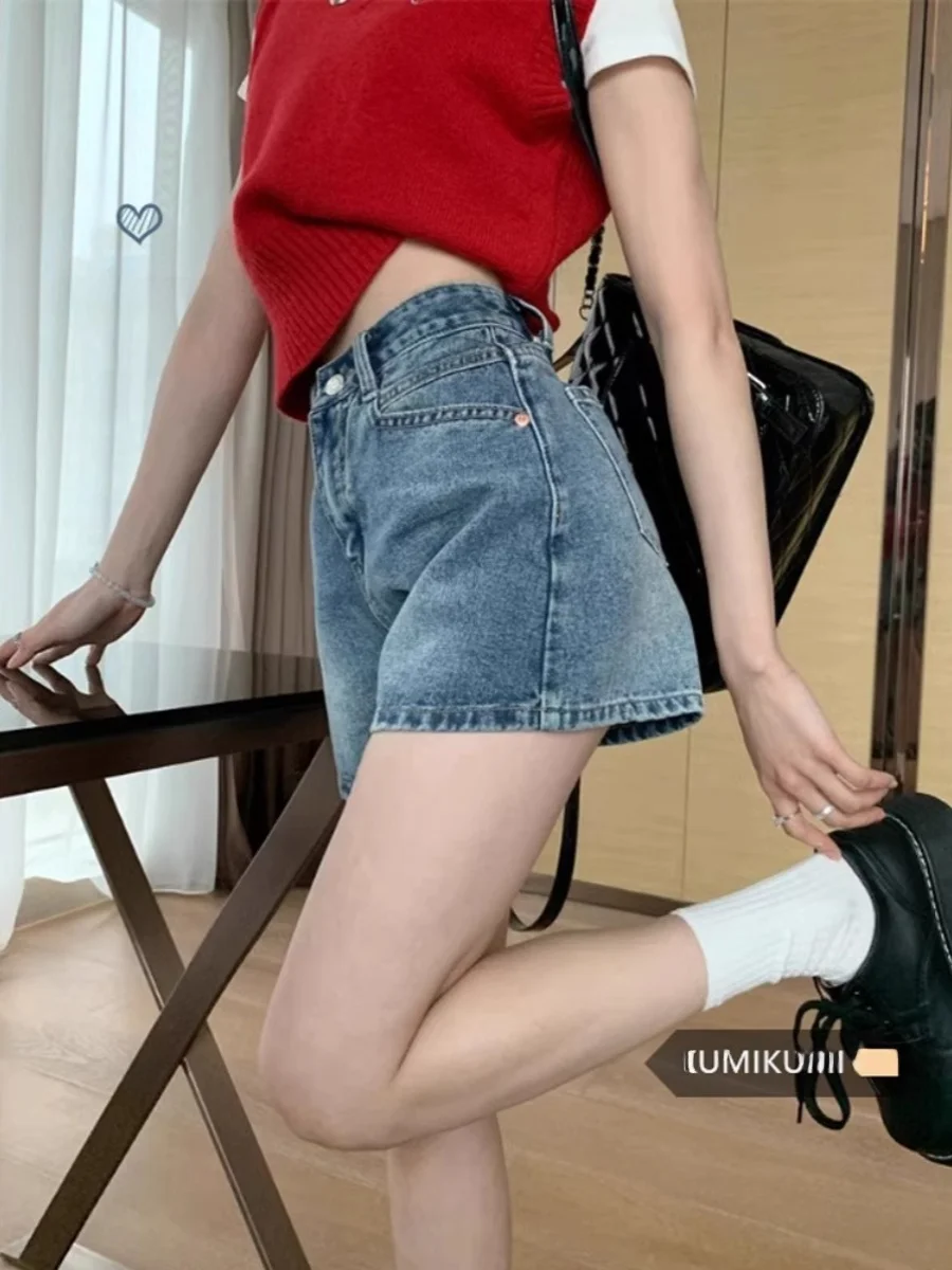 

Retro Washed High Waist Short Jeans Women Summer New Style Slimming Hot Pants plus Size Versatile Spicy Girl Pants Blue