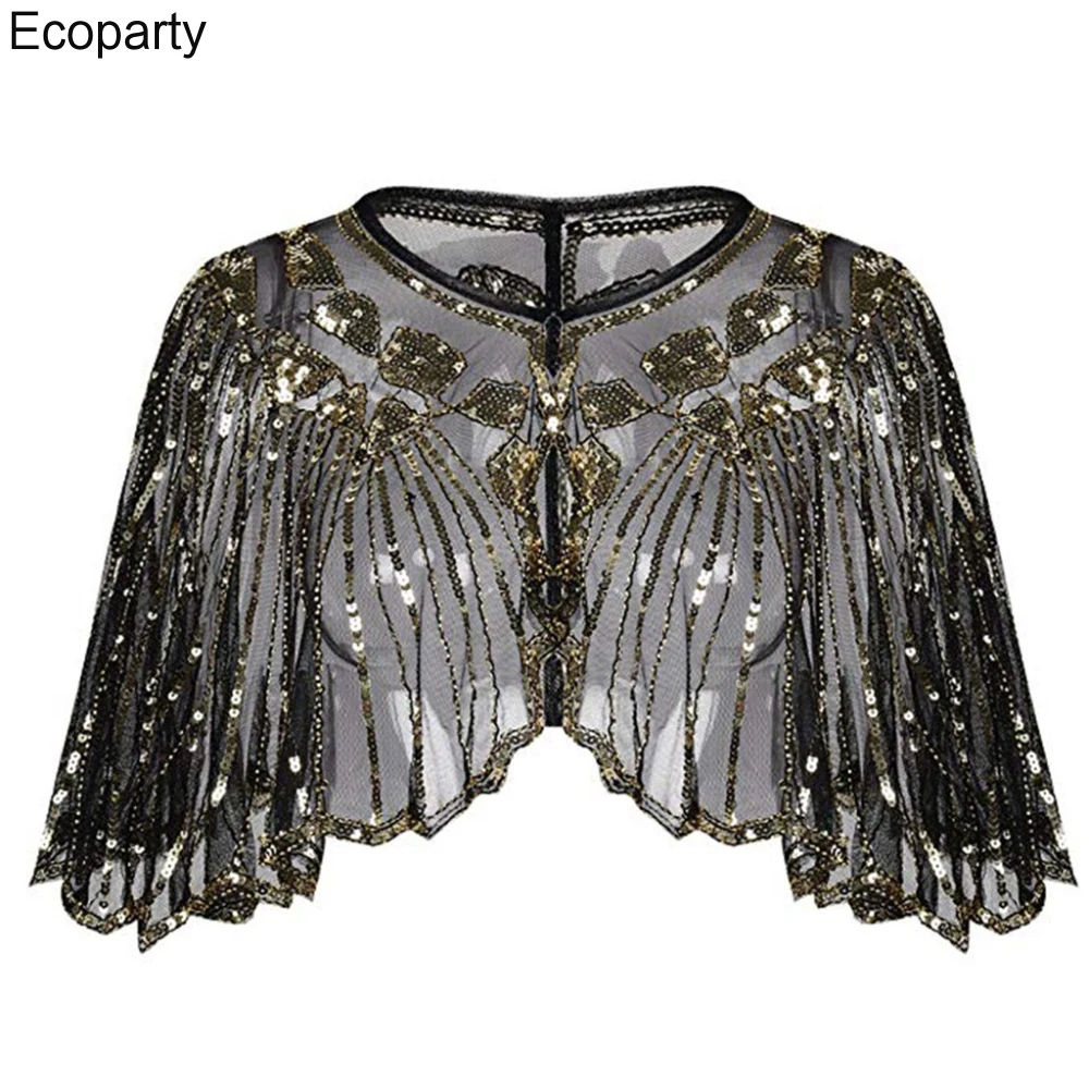 New Women's 1920s Shawl Sequin Beaded Deco Evening Party Cape Bolero Flapper European Wedding Dress Dress Up Accessories