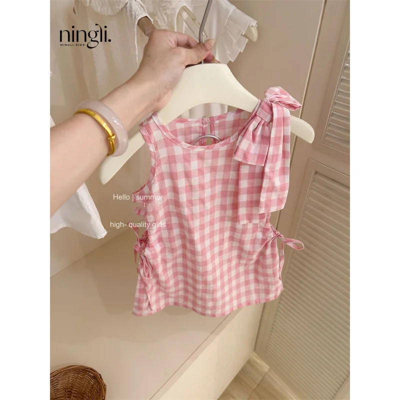 Girls2024Summer New Pink and White Plaid Bow Vest Skirt Baby Fashionable Dress Fashion