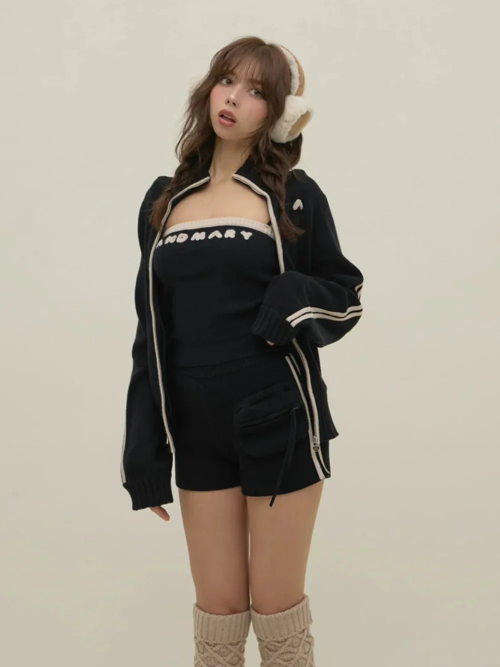 Japanese Spring Autumn 3-piece Set Sweet Striped Zipper Cardigan Tube Top High Waist Shorts Set Y2K Street Style Casual Wear - view 4