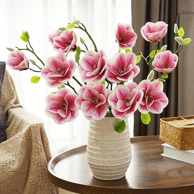 

3pcs 5 Heads PU Feel Magnolia Flower Artificial Flower Living Room Dining Table Decoration Flower Arrangement Indoor
