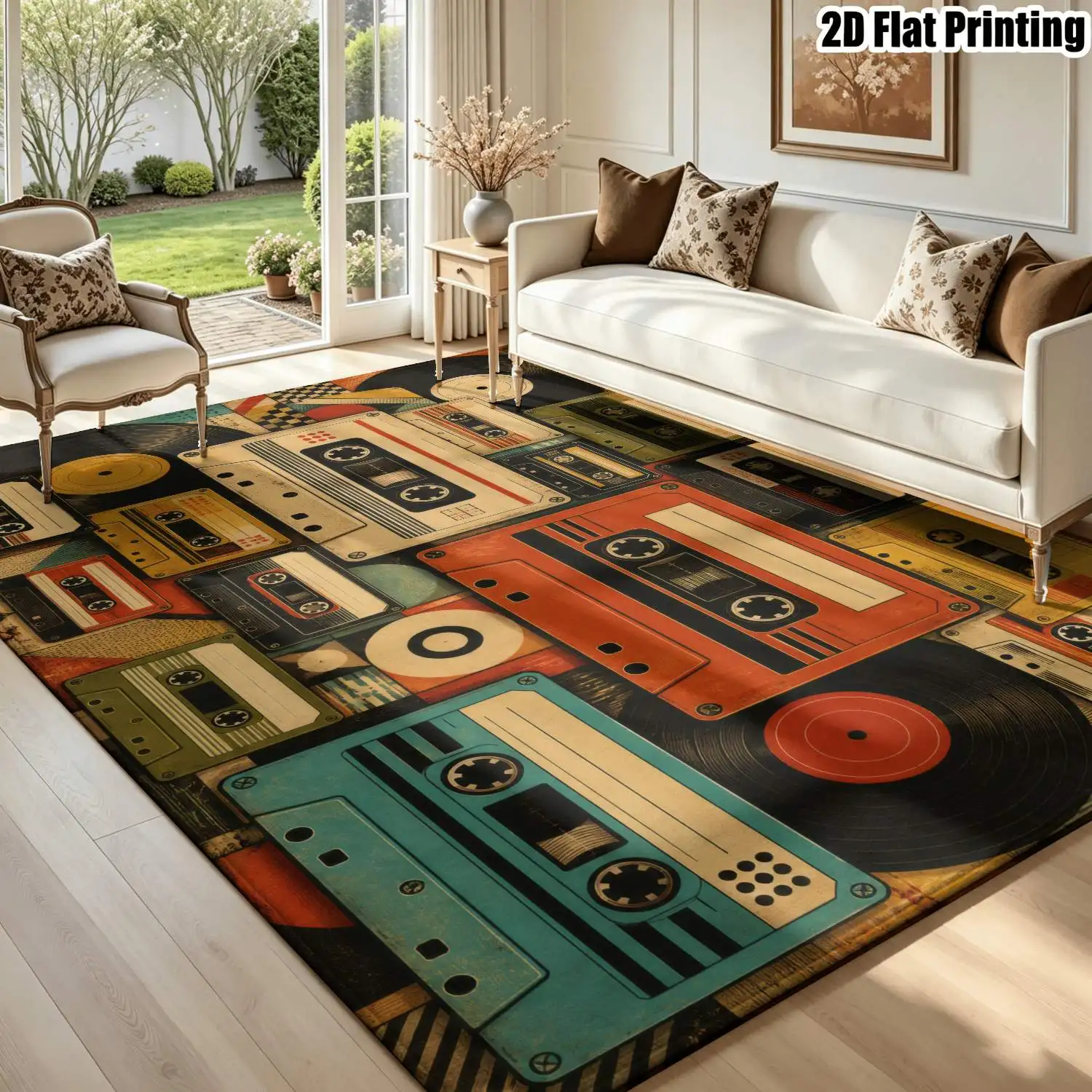 1Pc 2D Printed Retro Vinyl Tape Pattern Vintage Geometric Striped European Carpet, Home Decor, Multi-Size, Machine Washable, Ideal for Entrance, Dining, Foyer, Bedroom, Living Room Mats