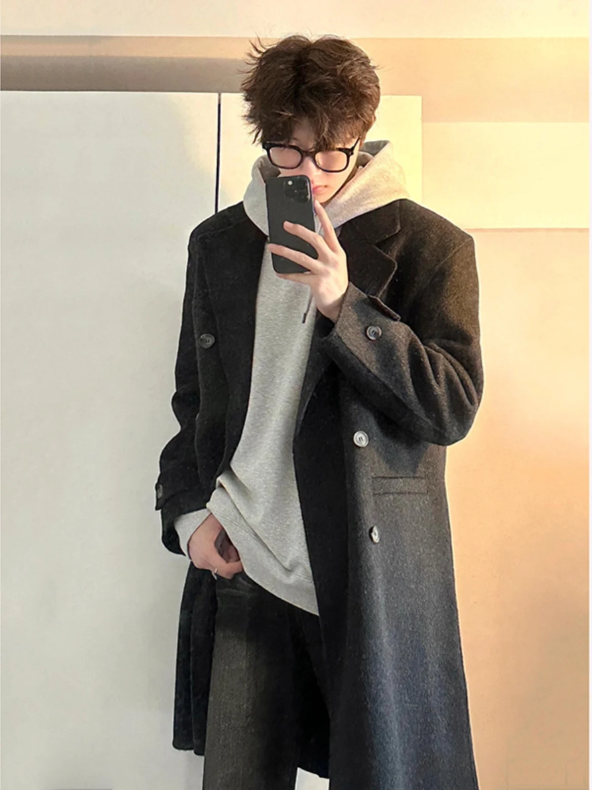

Warm Cotton Added Woolen Coat for Men Autumn Winter Mid-Length Loose Fit Faionable Korean Sle Windbreaker Coat