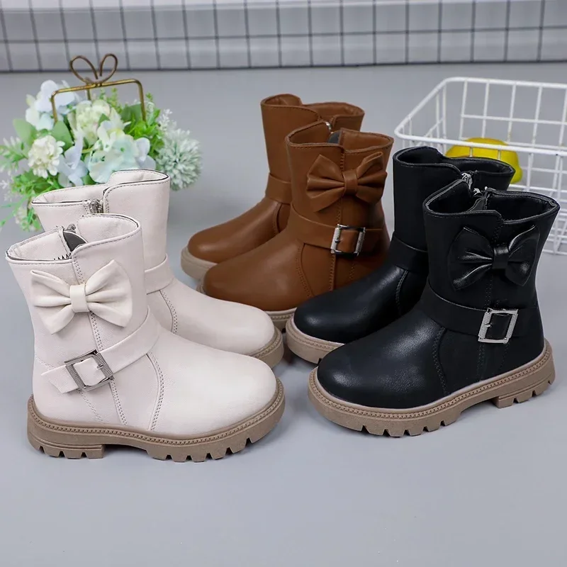 2026 New Children Girls Boots Solid Color Bow-knot Buckle Simple Non-slip Round-toe Kids Versatile Soft Princess Shoes Fashion