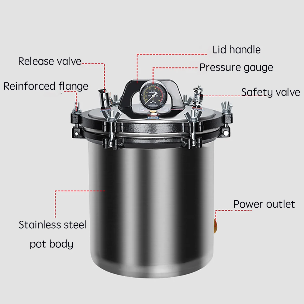 8L Portable Stainless Steel Heating Autoclave High Pressure Sterilizer Sterilization Pot Pressure Steam