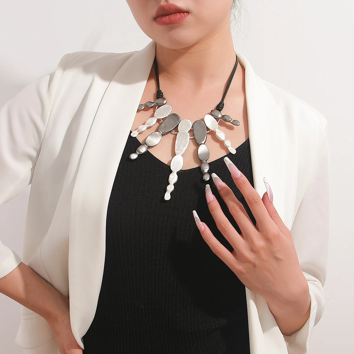 ALLYES Ethnic Silver Color Irregular Multilayer Pendant Necklace Bohemian Leather Rope Choker Necklaces Statement Jewelry
