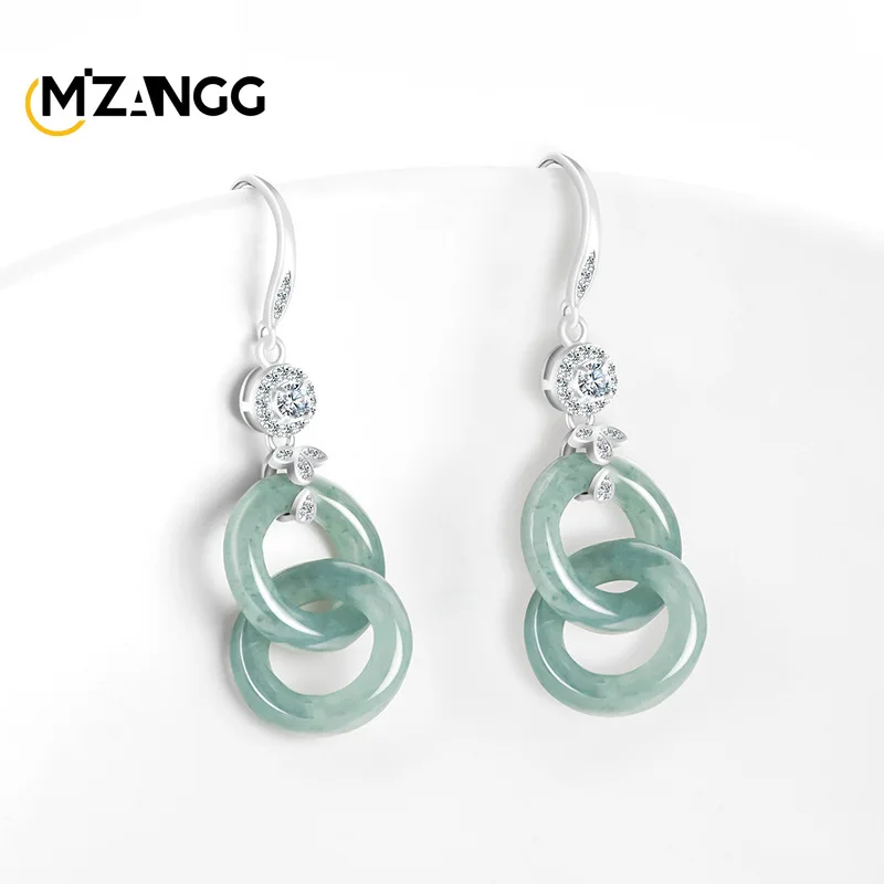 Authentic Natural Jade Blue Water Peace Buckle Earrings S925 Silver Inlaid with Ice Jade Women\'s Earrings Fashion Charm Jewelry