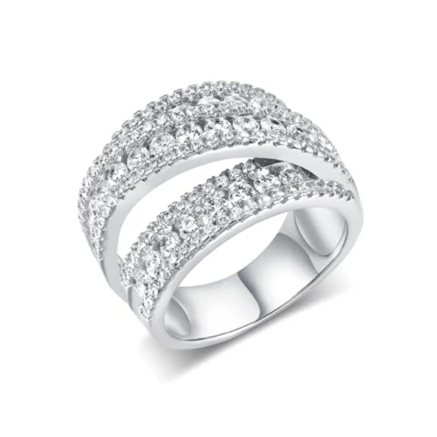 

MDFUN Halo Eternity Rings Wedding Bands, 3 Rows Round Cut Cubic Zirconia Statement Rings, 18K/ Plated Wedding Band for Women Si