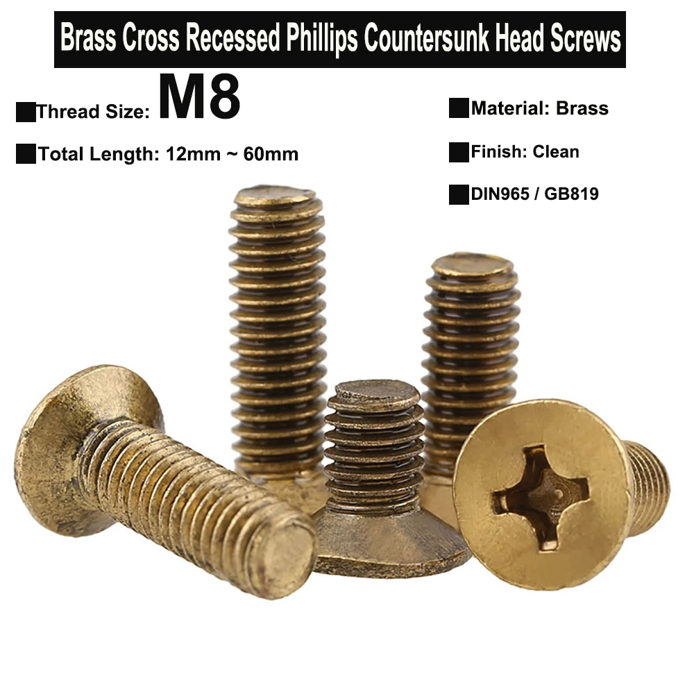 GB819 M8xP1.25 Brass Cross Recessed Countersunk Head Phillips Copper Screws Coarse Thread DIN965