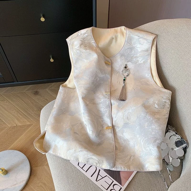 

Новый китайский жилет Sle adient с круглым принтом Ne, женский элитный топ без рукавов весны 2024, верхняя одежда или длина, одинарный...