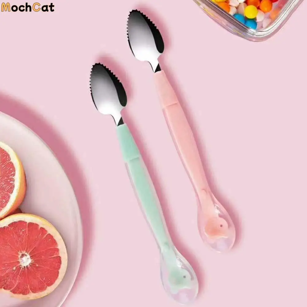 

Convenience Candy colors Non-slip Silica gel Cartoon Fruit Scraping Spoon Baby Utensils Double Headed Infants Feeding Gadgets