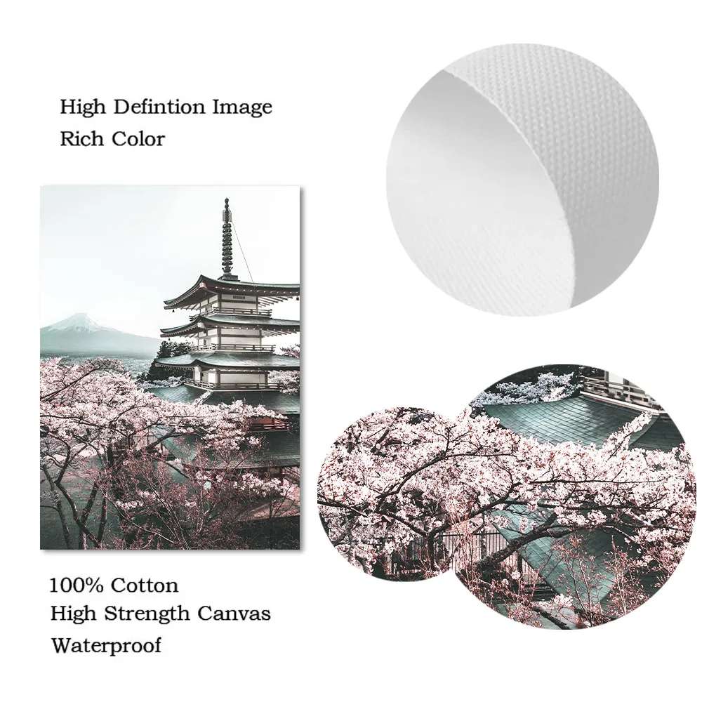 أزهار الكرز اليابانية معبد قرية المشهد قماش اللوحة الملصقات والمطبوعات صور فنية للجدران غرفة المعيشة ديكور المنزل