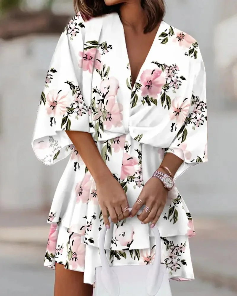 New autumn V-neck loose bat sleeve printed dress for women