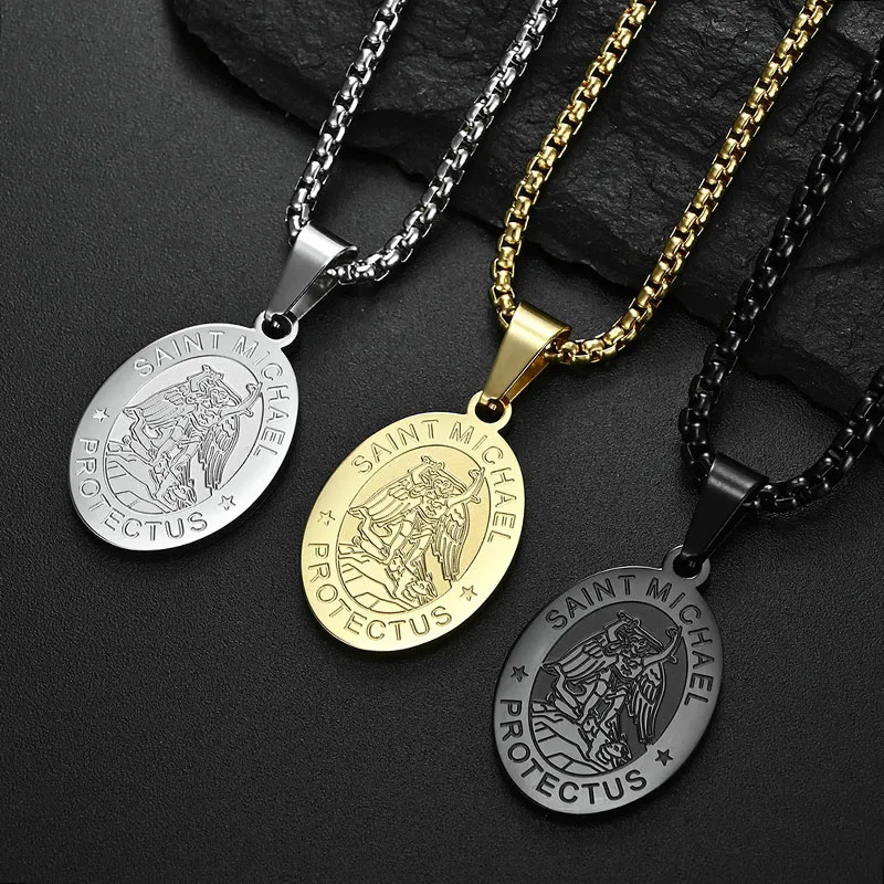 Medal San Miguel Arcanjo Archangel Necklaces Stainless Steel Chain Necklace Saint Michael Pendant Necklace Lucky Apotropaic Gift